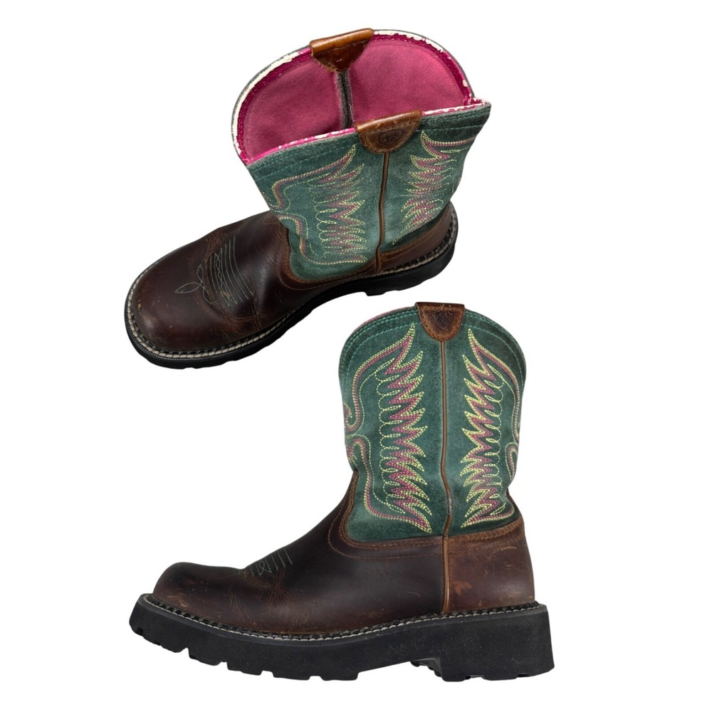 Ariat Fatbaby Boots Teal Pink Brown Leather Western Cowboy Boots Women's 7.5